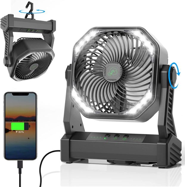 Camping Fan with LED Light, 20000mAh Rechargeable Battery Powered Outdoor Tent Fan with Light and Hook	
