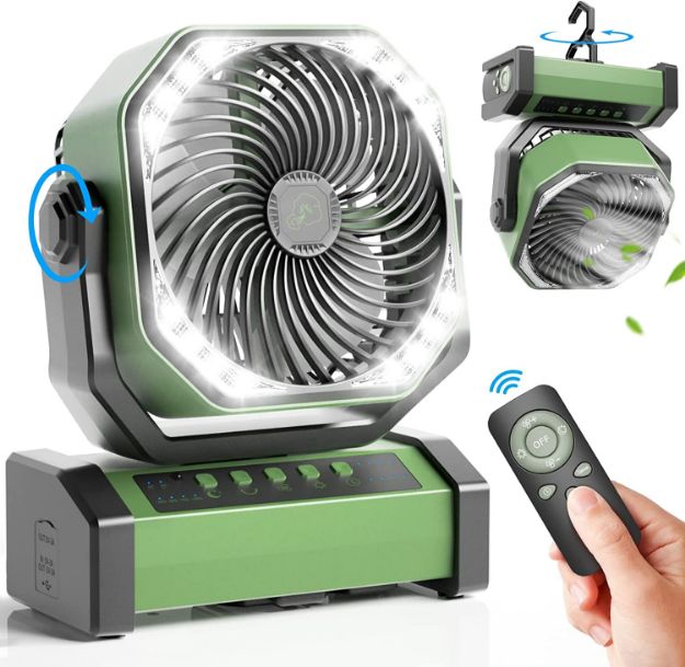 Camping Fan with LED Lantern, 20000mAh Rechargeable Battery Operated Outdoor Tent Fan with Light & Hook, 270° Pivot	