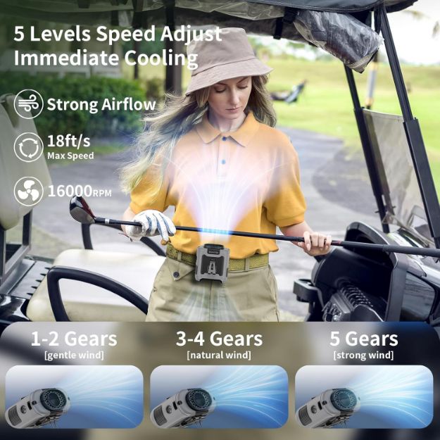10000mAh Portable Waist Fan Clip on Wearable Belt Personal Fan Rechargeable Battery operated With 5 Speeds & Flashlight Neck Fan Hands-Free 40H Cooling For Outdoor Camping Travel
