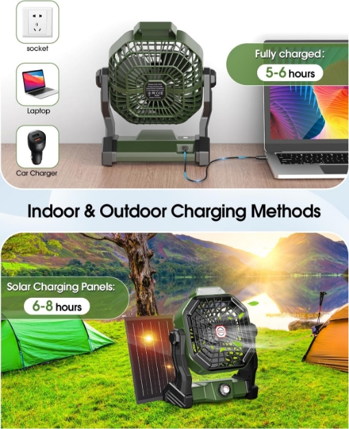 10800mAh Solar Powered Fan & Led Lantern, Rechargeable Outdoor Tent Fan for Camping Essentials